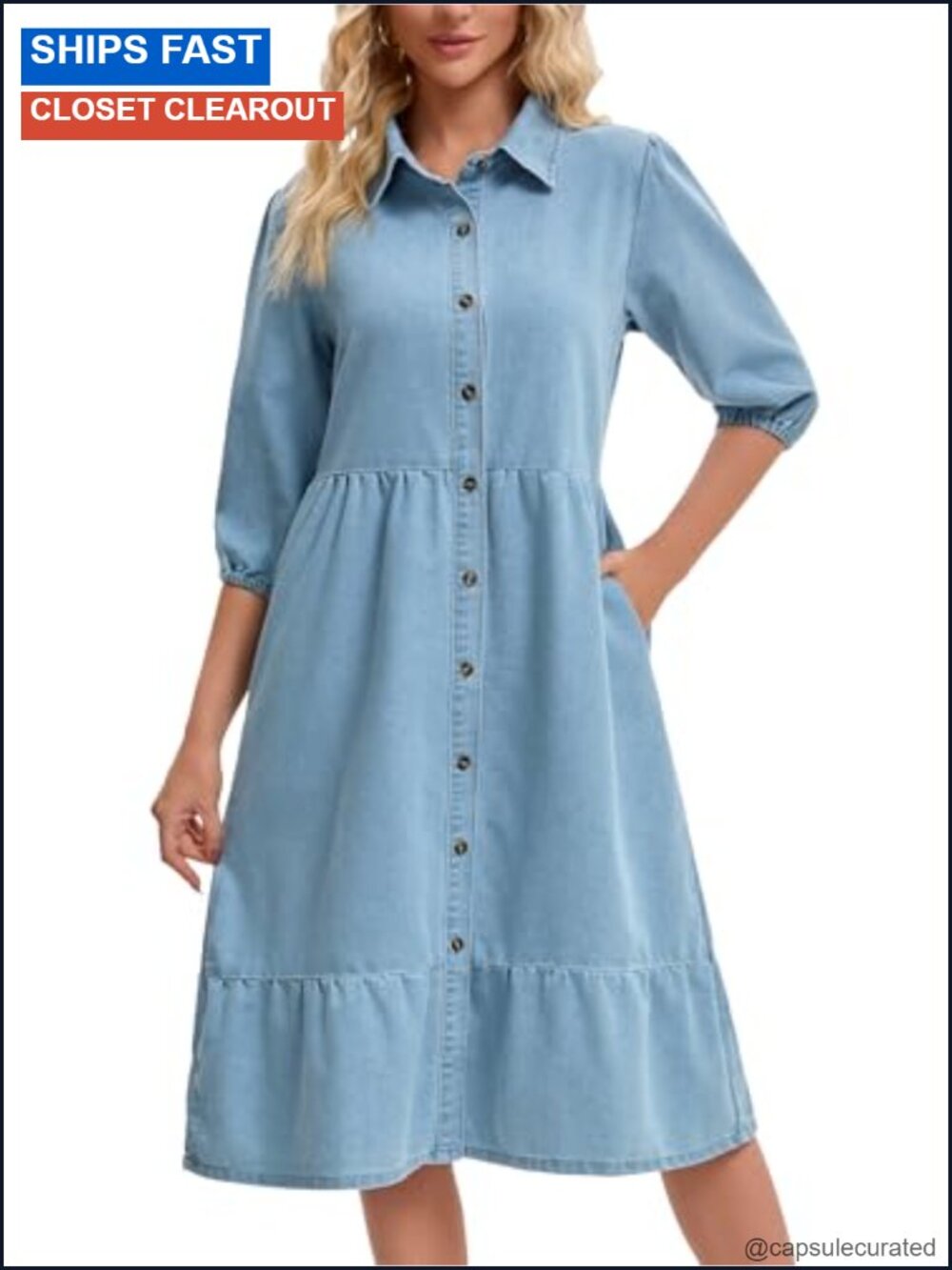 Women's Denim Midi Dress 3/4 Sleeve A-Line Button Down Jean Dress